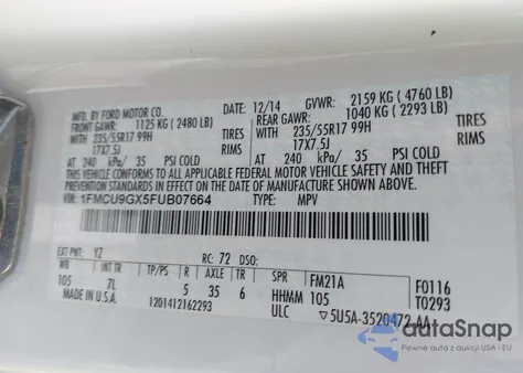 2015 Ford Escape Se z USA, uszkodzony, nr VIN 1FMCU9GX5FUB07664